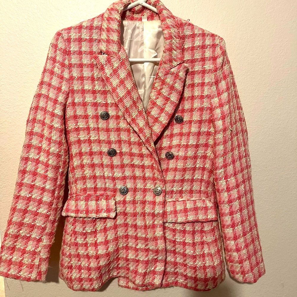 Tweed pink blazer.  Size small.  Fair condition.